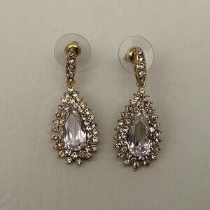 Dangling Earrings Post Gold-tone Clear Rhinestone Tear Drop Teardrop